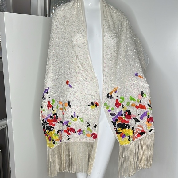 Dress n Shadows Fully Beaded Fringed Large and Wide Evening Wrap Shawl 72” x 16” - Picture 1 of 11